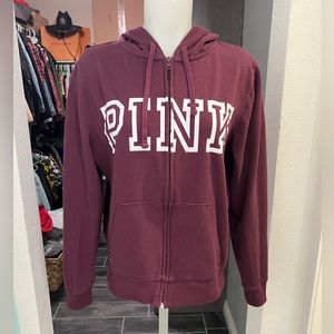 PINK VS Burgundy & White Logo Zip Up Hoodie